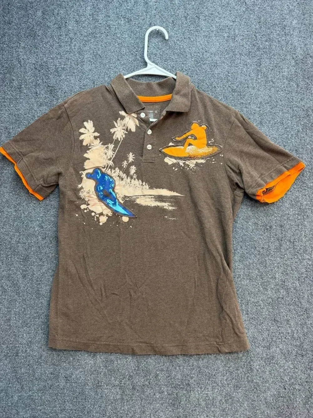 Vintage Y2K Old Navy Boys Surfing Graphic Polo Shirt XL 14-16 Brown